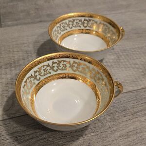 Limoges Unique Pair Vintage cups in Victorian Style Gold Blue Scroll